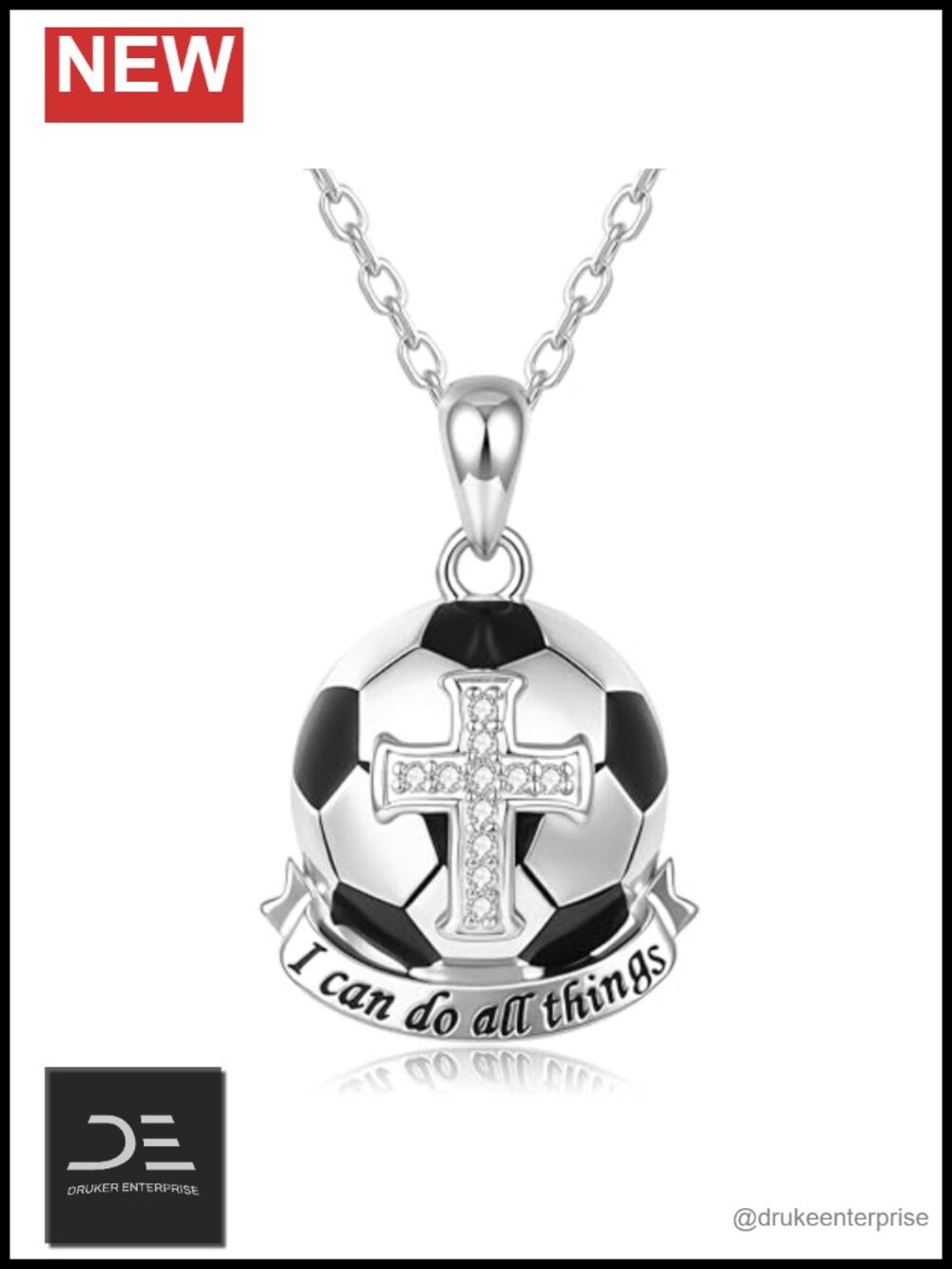925 Sterling Silver Soccer Cross Necklace Cubic Zirconia Pendant